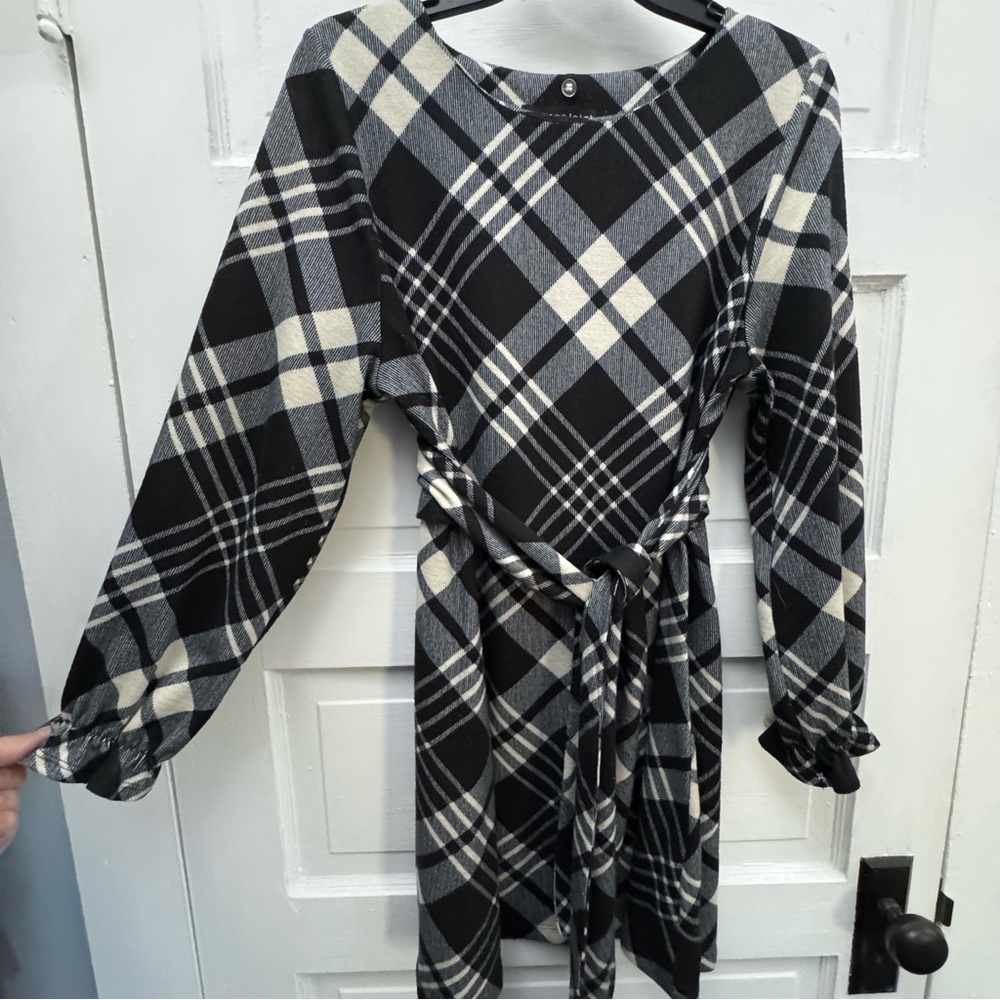 Plaid Tie Waist Shift Dress Madison Leigh Petite Womens PL Black White - Picture 4 of 10